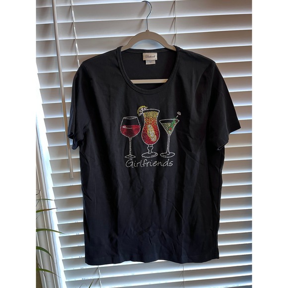 Distinct Tops - Distinct Girlfriends Cocktail Graphic Tee Black Cotton Rhinestone Y2K Bling